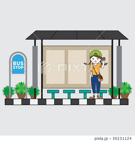 Woman Standing For Bus At Waiting Shed Bus Stop のイラスト素材