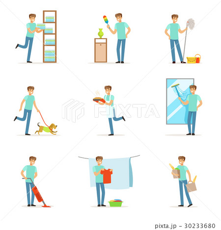 Smiling househusbands washing, cooking, cleaning 30233680