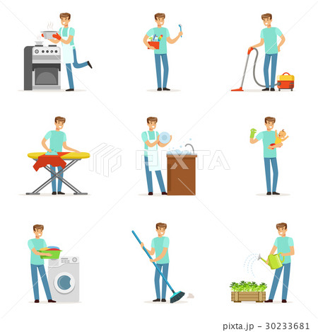 Happy househusband men cleaning their house Happy househusband men cleaning their house 30233681