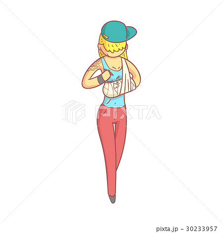 Girl teenager in a blue cap with a broken arm in Girl teenager in a blue cap with a broken arm in 30233957