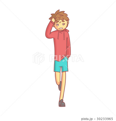 Boy In A Red Hoodie And Blue Shorts Touching Hisのイラスト素材
