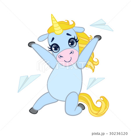 Cartoon light blue unicorn with paper planes 30236120