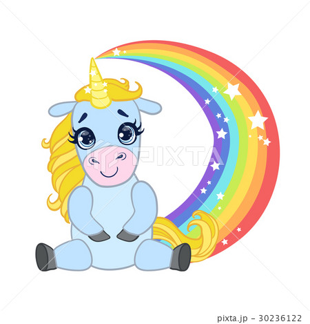 Cartoon light blue lovely unicorn sitting on a Cartoon light blue lovely unicorn sitting on a 30236122