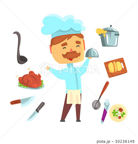 Smiling chef. Kitchen appliances and different 30236149