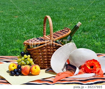 Picnic basket with fruits on green sunny lawn. 30237995
