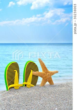Colorful flip flops and starfish on the beach. 30238003