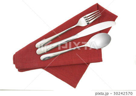 fork and knife on red napkin isolated 30242570