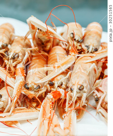 Fresh lobsters on ice for sale on seafood market. 30251565