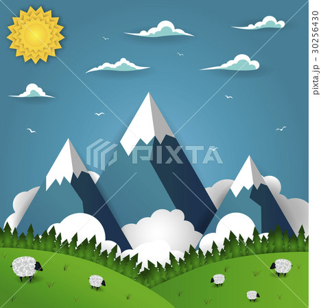 Mountain landscape with sheep on field 30256430
