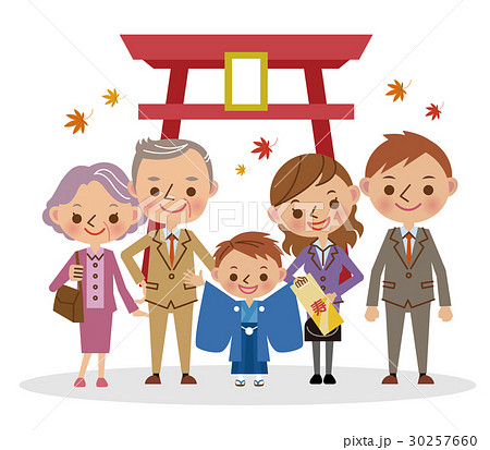 祖父母と七五三のお参り 五歳男児 のイラスト素材
