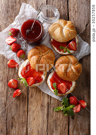 Sweet sandwiches with strawberry jam, cream cheese Sweet sandwiches with strawberry jam, cream cheese 30257856