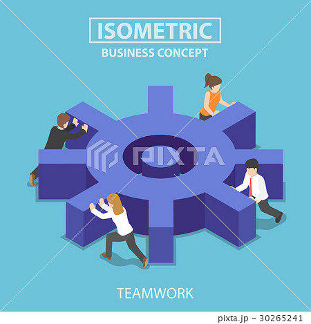Isometric business team pushing a big cogwheel. 30265241