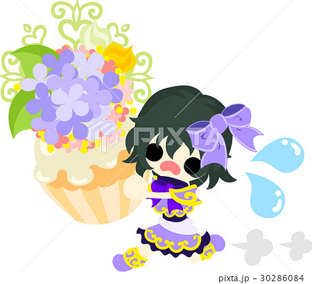 走る可愛い女の子と紫陽花のケーキのイラスト素材