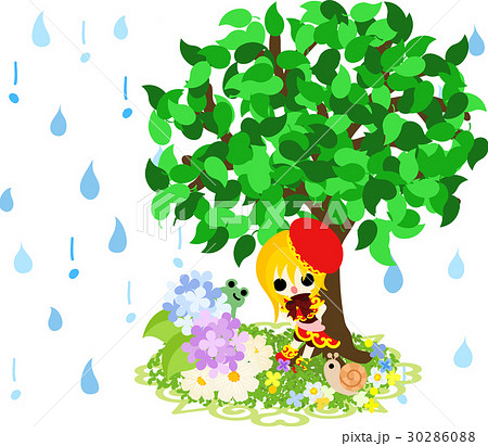 木の下で雨宿りする可愛い女の子と紫陽花のイラスト素材