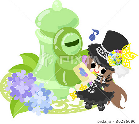 可愛いシルクハットの女の子と紫陽花のポストのイラスト素材