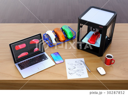 スケッチからデータ作成 そして3dプリンタによる出力 プロダクトデザインのプロセスのコンセプトのイラスト素材