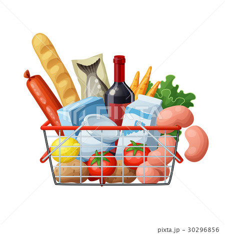 Grocery basket full of food isolated on white 30296856