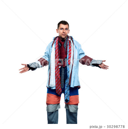 Buyer dressed in many clothes on white background 30298778