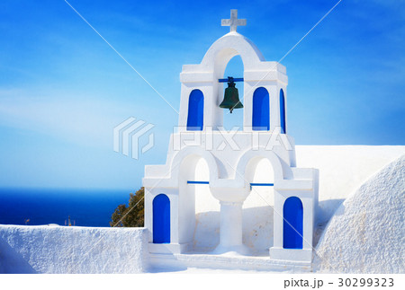 white with blue belfry, Santorini island, Greece white with blue belfry, Santorini island, Greece 30299323