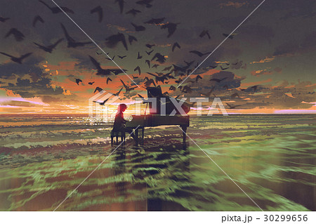 22最新のスタイル アクリル画 原画 夕日と海とピアノ 絵画 タペストリ