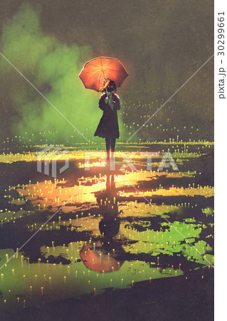 woman holds umbrella standing in a puddle woman holds umbrella standing in a puddle 30299661