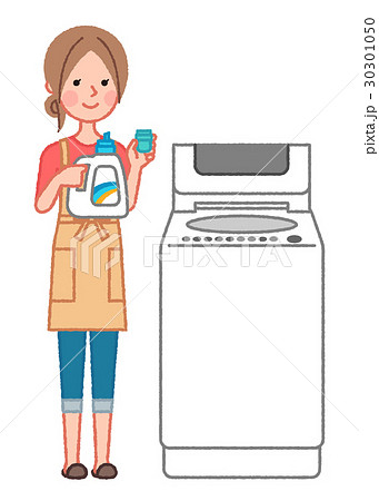 洗剤を持った女性と洗濯機のイラスト素材