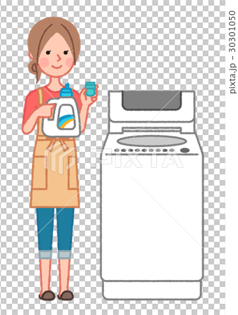 洗剤を持った女性と洗濯機のイラスト素材