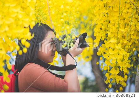 Asian girl take photo with blooming yellow flower 30308821