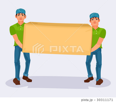 Two men carries a cardboard box 30311171
