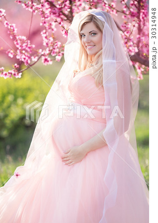 Pregnant bride girl in blossom peach garden Pregnant bride girl in blossom peach garden 30314948