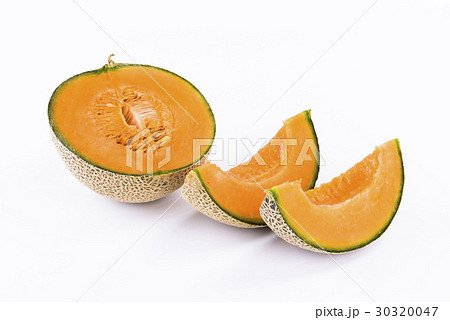 Slice of yellow watermelon isolated on a white bac 30320047