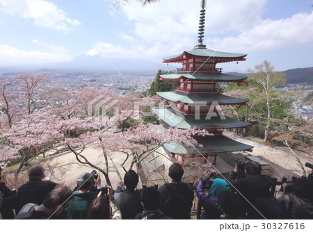 桜咲く富士吉田市の新倉山浅間公園に建つ忠霊塔と背景の富士の絶景を見る観光客 30327616