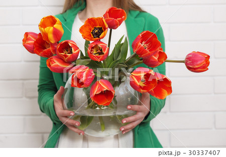 woman holds a vase of tulips woman holds a vase of tulips 30337407