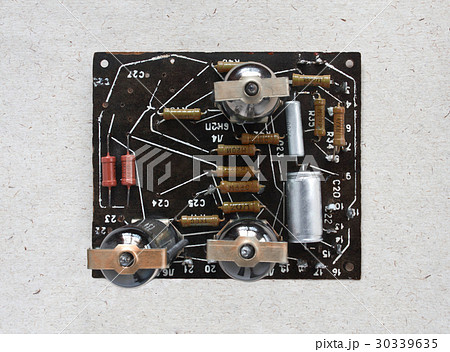Top view of valve amplifier on craft paper Top view of valve amplifier on craft paper 30339635