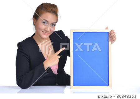 Young business woman with banner in hand 30343253