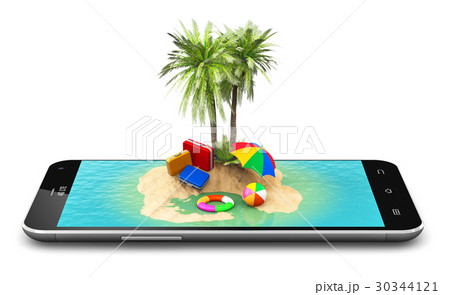 Tropical island resort on smartphone screen 30344121