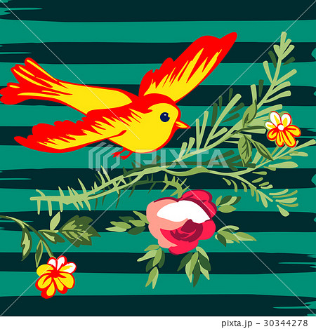 Hand drawn bird flying with flower roses tropical  30344278