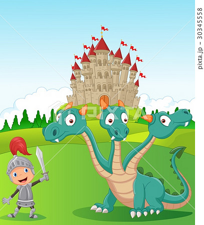 Cartoon knight with three headed dragon Cartoon knight with three headed dragon 30345558
