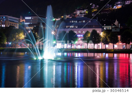 Night pond with fountain in Bergen, Norway 30346514