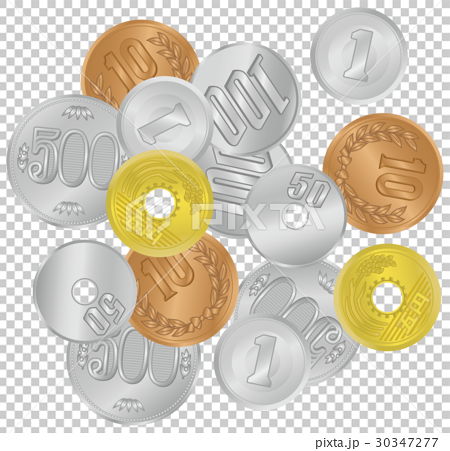 乱雑に置かれている日本の硬貨 日本の硬貨 1円 5円 10円 50円 100円 500円 のイラスト素材
