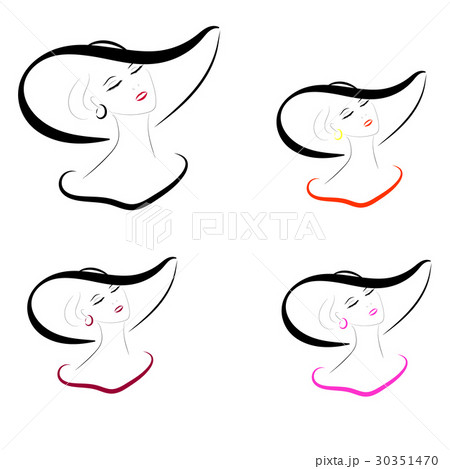 vector set outline drawing faces lady in hat with vector set outline drawing faces lady in hat with 30351470