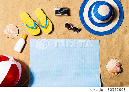 Summer vacation composition. Sandals, hat and 30352003