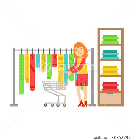 Woman shopping in clothes store, colorful vector 30352797