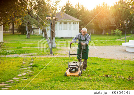Senior man mowing lawn. 30354545