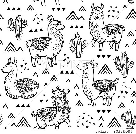Contour seamless pattern with alpaca and cactuses 30359089