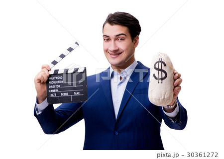Handsome man with movie clapper isolated on white 30361272