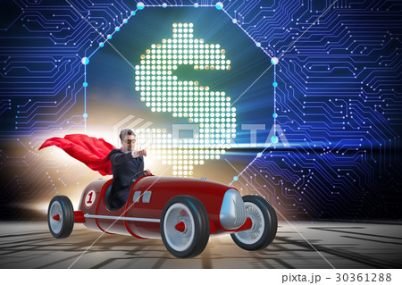 Superhero businessman driving vintage roadster Superhero businessman driving vintage roadster 30361288