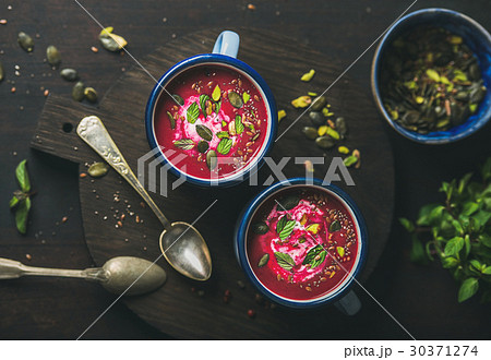 Spring beetroot soup with mint, pistachio, chia Spring beetroot soup with mint, pistachio, chia 30371274