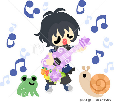 歌う可愛い女の子と紫陽花のギターのイラスト素材