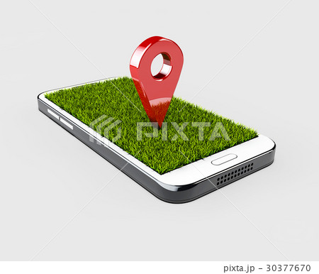 GPS navigator pin red color mock up with grass on 30377670